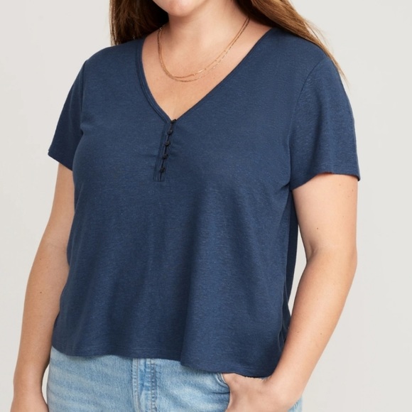 Linen-Blend V-Neck Henley T-Shirt - Picture 2 of 7